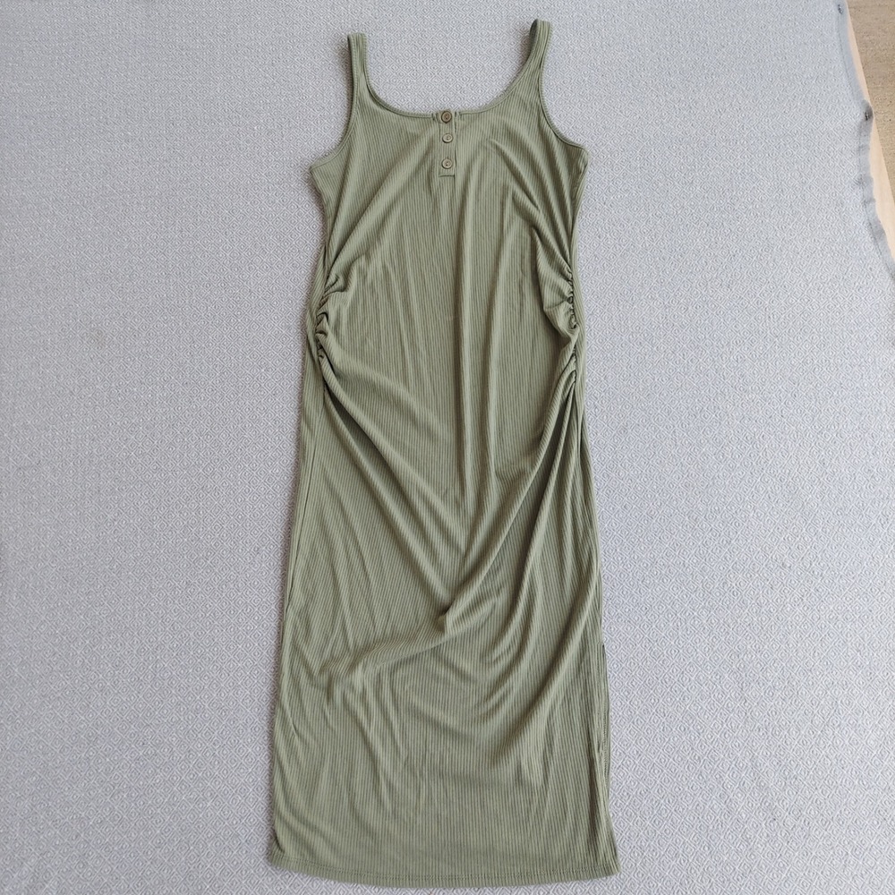 Heat & Hips Sage Green Ribbed Henley‎ Midi Dress Ruched Side Sleeveless Womens M